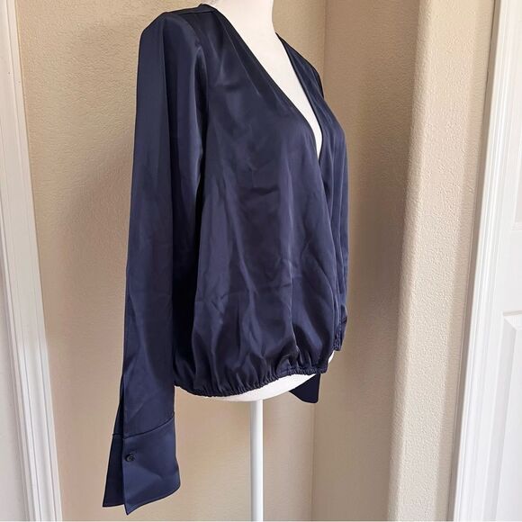 Good American Long Sleeve Washed Satin Wrap Front Blouse Blue XL NEW MSRP $149 - Picture 5 of 8